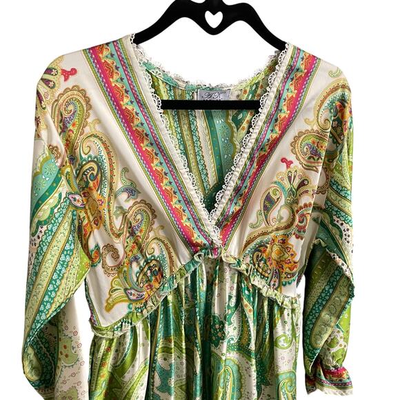 Anna Kay Lace Trim V Neck Satin Maxi Dress Green Multi Paisley Print Size Small? - Picture 4 of 8